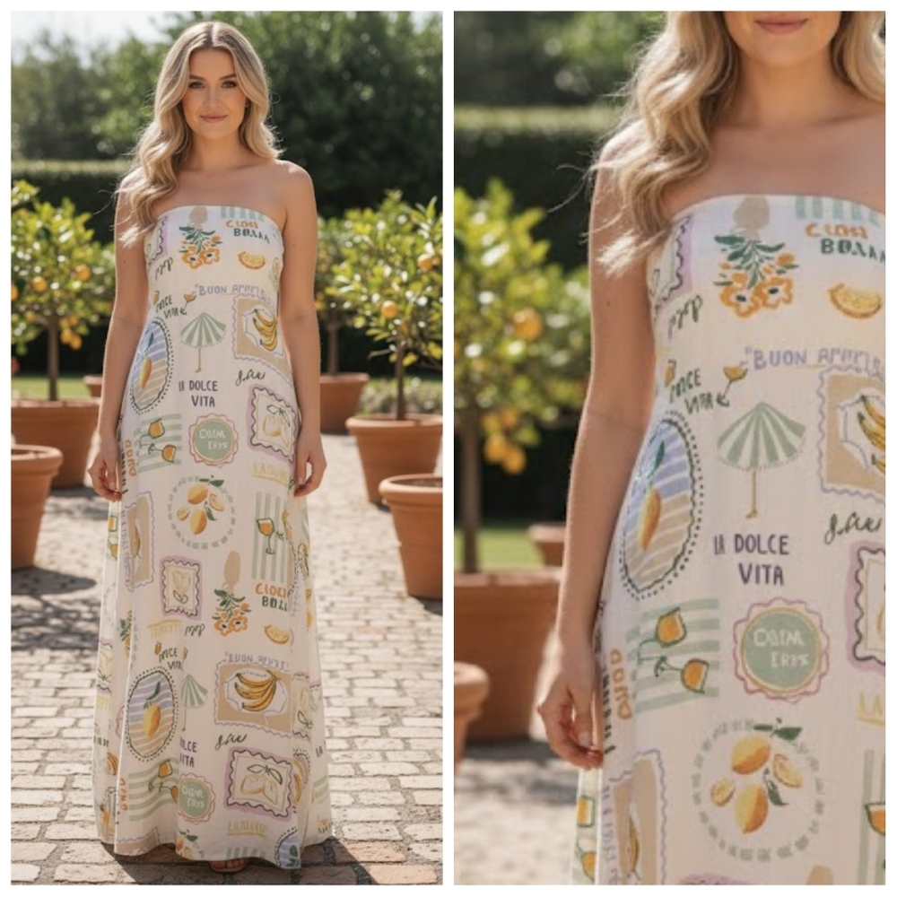Strapless Maxi Dress in Soft Cream with Pastel Print